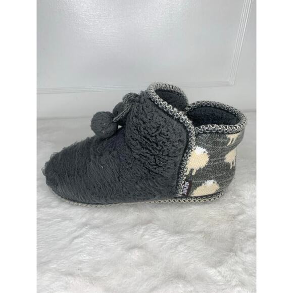 Womens Gray Sherpa Fleece Bootie Slippers With Pom-Poms & Sheep Print Backing - Picture 7 of 8